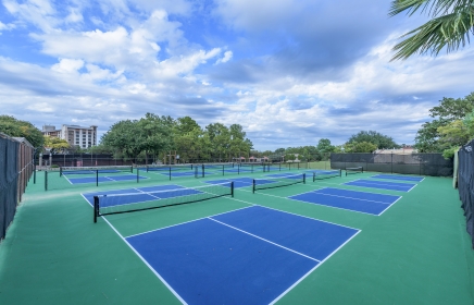 8 pickleball courts with green and blue paint.