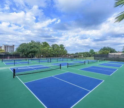 8 pickleball courts with green and blue paint.