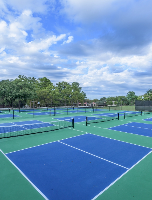 8 pickleball courts with green and blue paint.