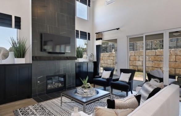 private home living room with couch two chairs, fireplace and television at Hoseshoe Bay Resort