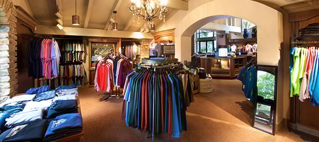 pro shop with golf shirts, pants and shoes
