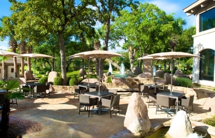 Outdoor seating overlooking the practice putting green.