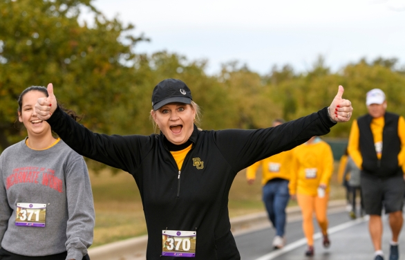 A close up of a woman enjoying the Turkey Trot