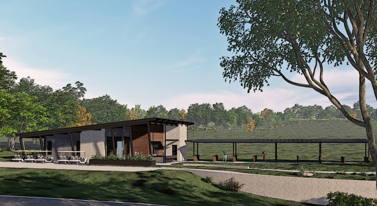 Golf Academy rendering includes a building with outdoor hitting bays with golf technology to track golf stats.