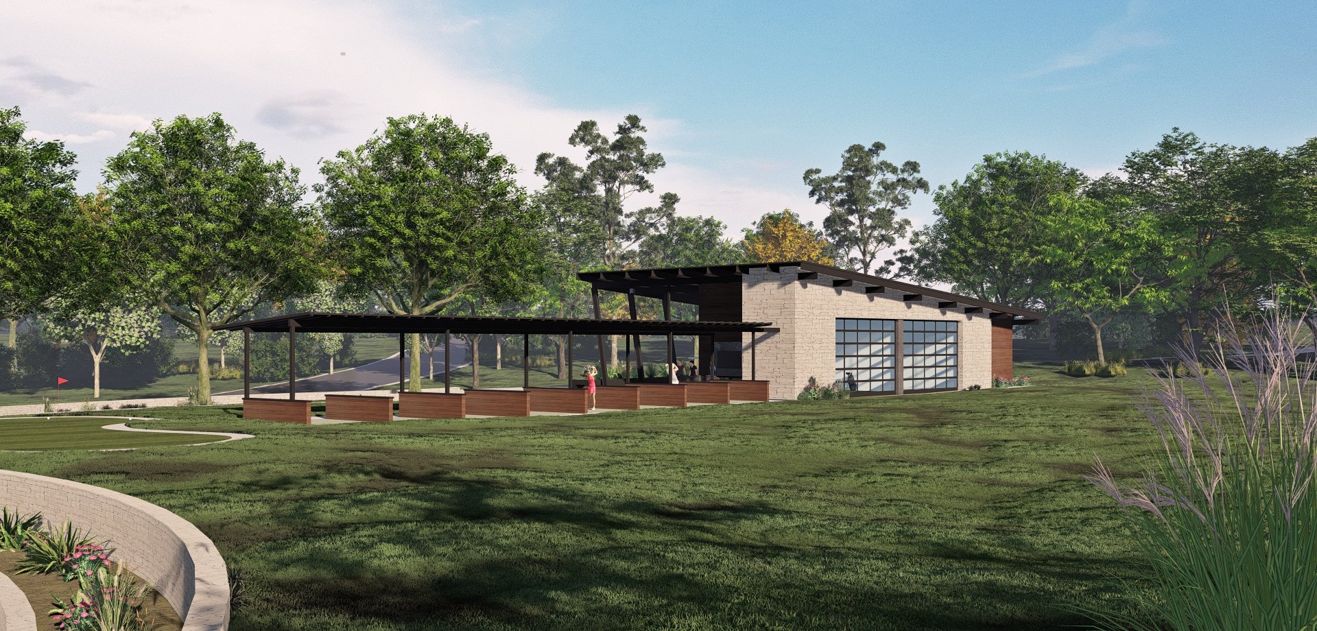 A rendering of a building called the golf academy for golf lessons and more.