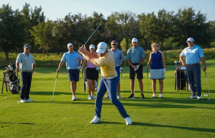 A group of people watching a instructor tee off at the Golf Academy at Horseshoe Bay Resort