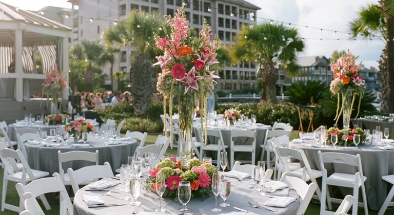 Large beautiful pink and red flowers on the center of a round table outside at our wedding venue.