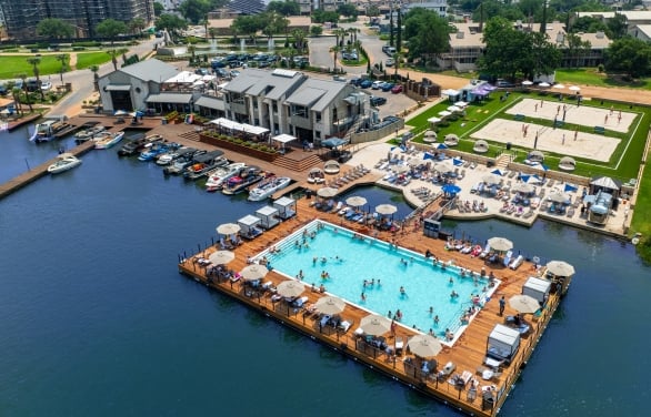 An aerial shot of the floating pool on Lake LBJ at Horseshoe Bay Resort