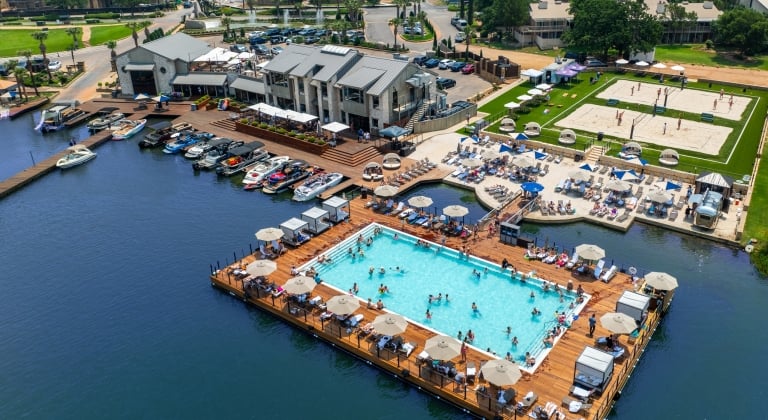 An aerial shot of the floating pool on Lake LBJ at Horseshoe Bay Resort