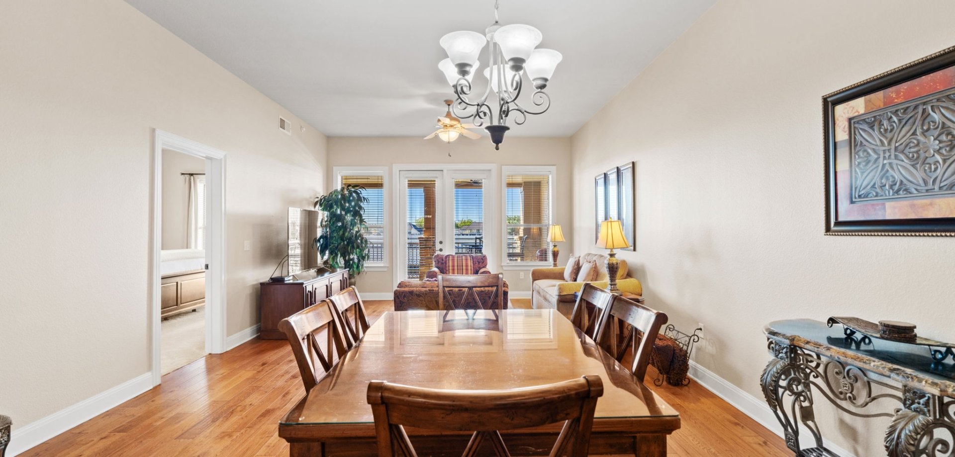 A dining room & living room view at a condo at Horseshoe Bay Resort