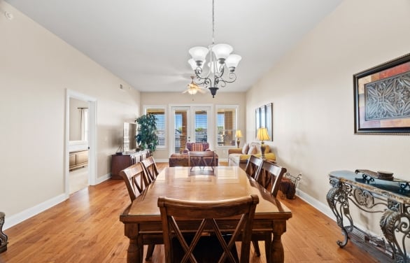A dining room & living room view at a condo at Horseshoe Bay Resort