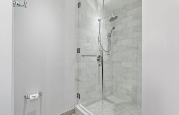 A closeup view of the shower in the Navy Mother Suite at Horseshoe Bay Resort