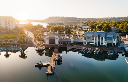 Overhead view of a marina at Horseshoe Bay Resort