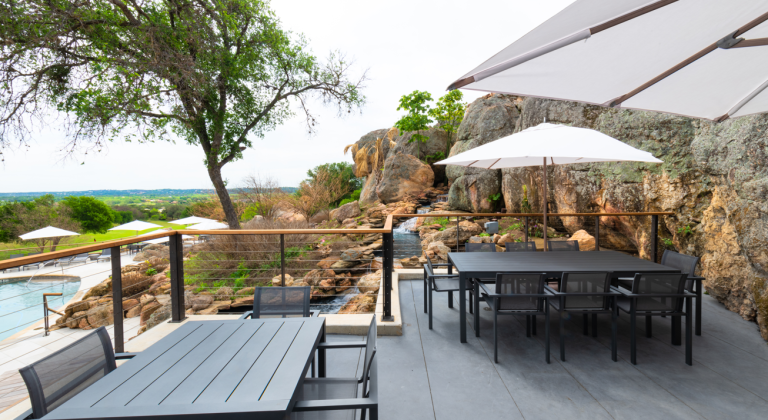 patio seating area at the cap rock cabana at horseshoe bay resort