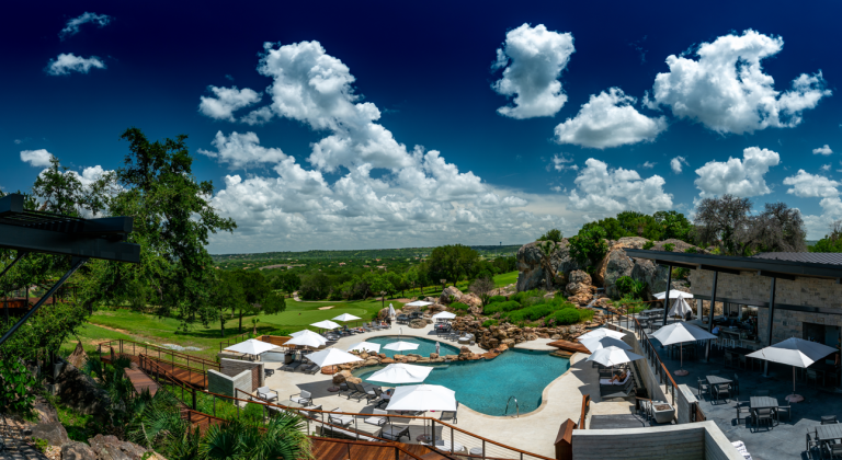 overhead view of the pool area at cap rock cabana at horseshoe bay resort