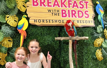 2 kids standing in front of a parrot for the breakfast with the birds at horseshoe bay resort