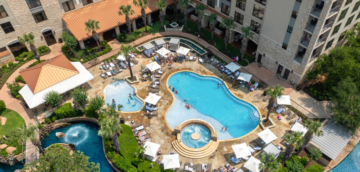 aerial view of the tower pool at horseshoe bay resort