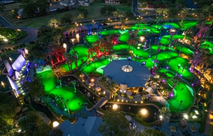 overhead view of whitewater golf course lit up for a drone show at horseshoe bay resort