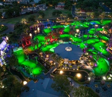 overhead view of whitewater golf course lit up for a drone show at horseshoe bay resort