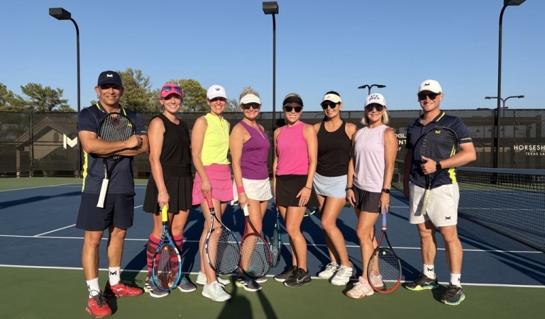 A group of players at the Adult Weekend Tennis Camp at Horseshoe Bay Resort